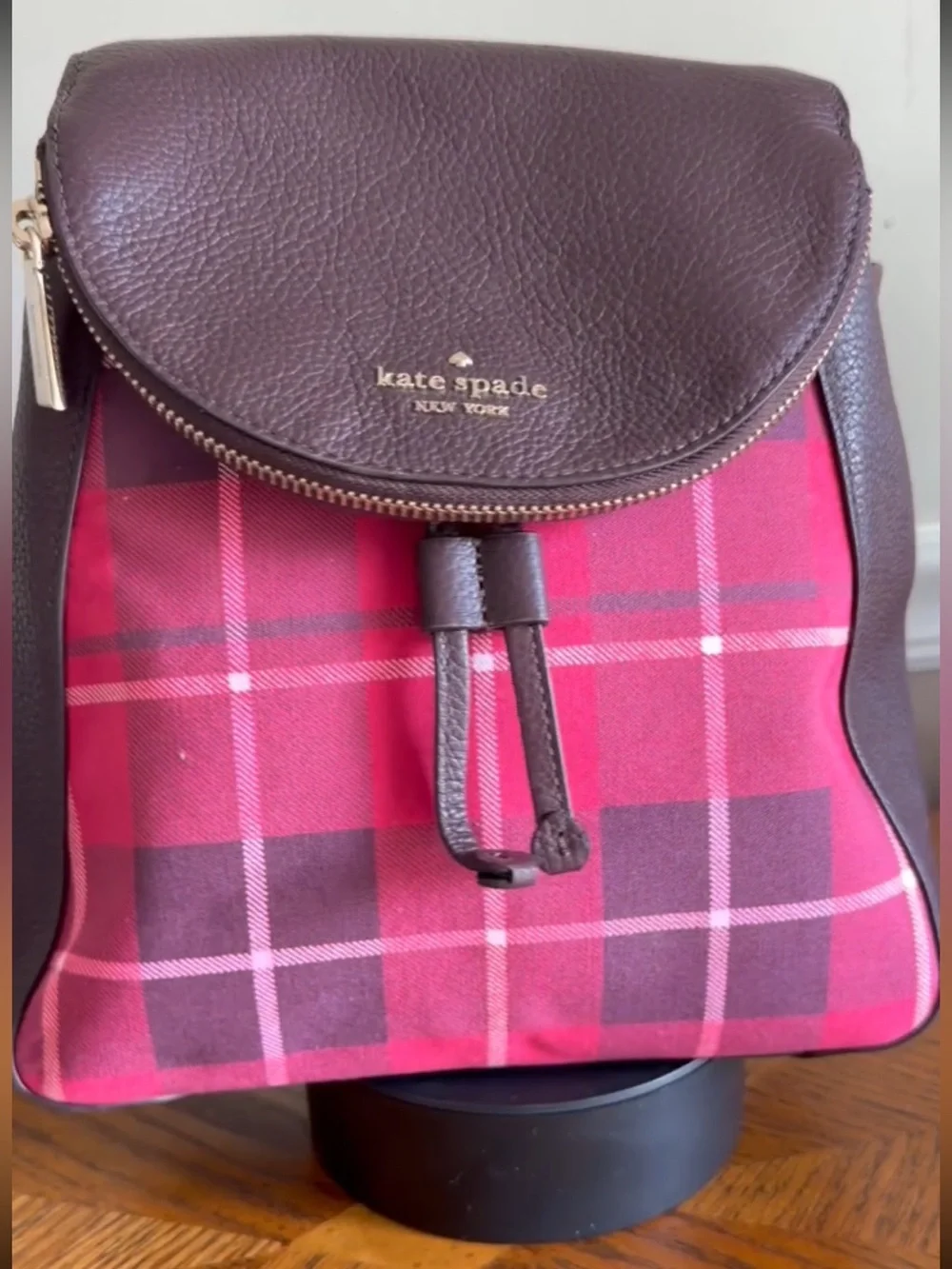kate spade Leila red and black plaid Backpack with leather trim Near new - Picture 5 of 14